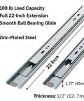 Pack Of 10 22 Inch Ball Bearing Heavy Duty Full Extension Drawer Slides In Zinc Finish For Cabinets And Furniture Up To 100 Lbs Each With Smooth Quiet Operation Today, showing zinc-plated steel slide with dimensions and capacity details.