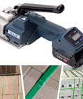 Heavy Duty Portable Cordless Electric Strapping Machine For PP And PET Packing Belts 13 To 16mm With Dual 18V Batteries showing grip and battery.