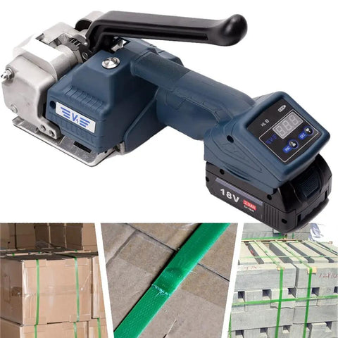 Heavy Duty Portable Cordless Electric Strapping Machine For PP And PET Packing Belts 13 To 16mm With Dual 18V Batteries showing grip and battery.