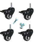 Roll Smooth Heavy Duty Industrial Castor Wheels With Double Locking Brakes 50Mm Polyurethane M12 Stem Trolley Caster Set showing four black wheels and hardware.