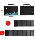 Tailgate Ready 120W Foldable Solar Panel Bag With USB And DC Ports for camping, showing dimensions and foldable design.