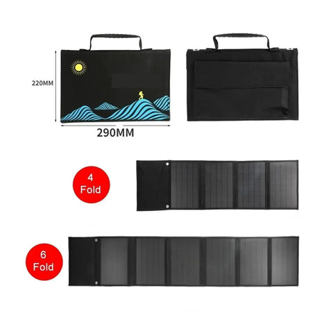 Tailgate Ready 120W Foldable Solar Panel Bag With USB And DC Ports for camping, showing dimensions and foldable design.