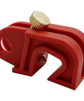 Close-up of a red Circuit Breaker Lockout Device with a screw, part of 20 Pack Universal Single And Multi Pole Lockout Tags LOTO Kit.