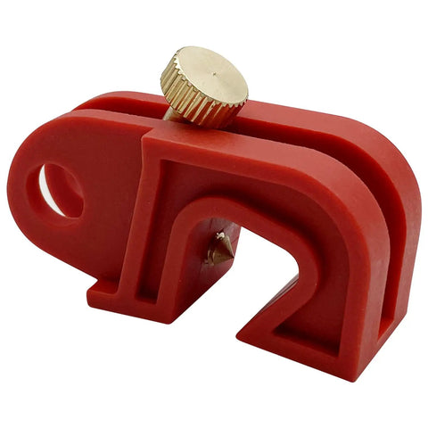 Close-up of a red Circuit Breaker Lockout Device with a screw, part of 20 Pack Universal Single And Multi Pole Lockout Tags LOTO Kit.