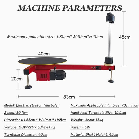 Built Different Heavy Duty Electric Pallet Wrapping Machine Featuring Lightning Smooth Automatic And Manual Modes And A Beastly 30 Rpm Motor For Warehouse Shipping Operations side view with dimensions and parameters displayed.