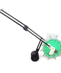 Manual Hand Push Garden Seeder With 7 Nozzles Roller Fertilizer Spreader Handy Precision Planter side view with green storage box