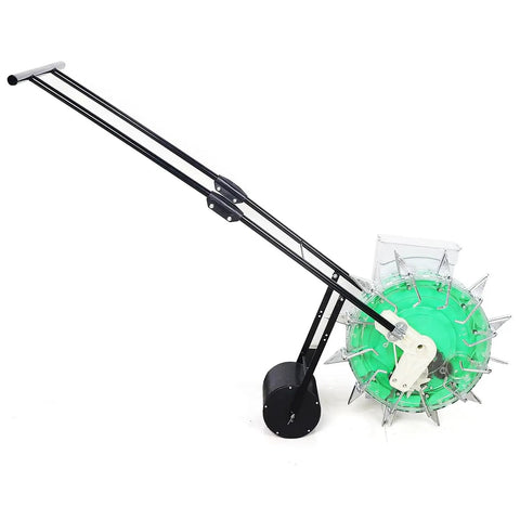 Manual Hand Push Garden Seeder With 7 Nozzles Roller Fertilizer Spreader Handy Precision Planter side view with green storage box