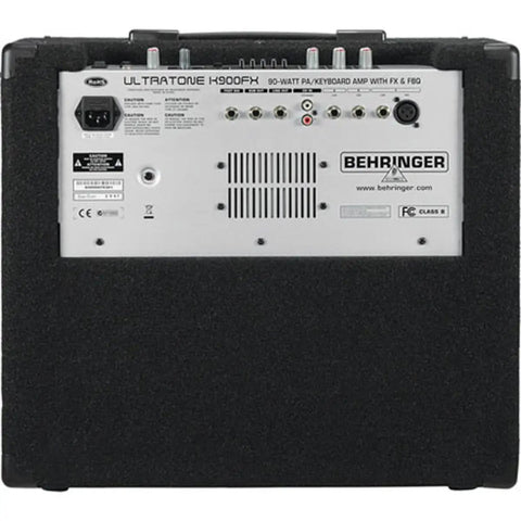 Back panel of K900fx Ultra Flexible 90-Watt 3-Channel PA System Keyboard Amplifier With FX And FBQ Feedback Detection.
