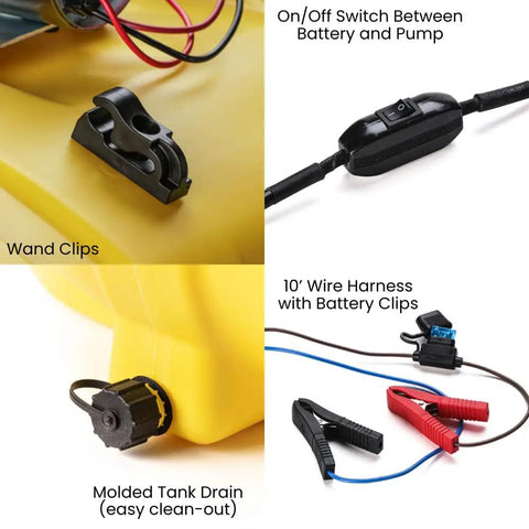 Close-up of 25 Gallon ATV UTV Spot Sprayer With 2.2 GPM 12V Diaphragm Pump features: wand clips, on/off switch, molded tank drain, wire harness.