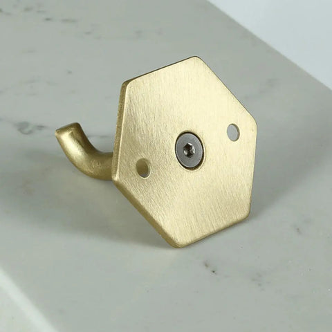 Top Shelf Brass Wall Hooks For Towels And Mugs No Sweat Rust Proof Bathroom Hanger angled view showcasing gold finish and durable design