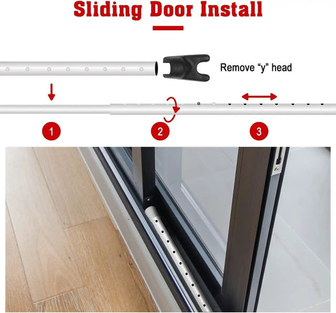 Installation of Three In One Door Security Bar For Home And Travel, Heavy Duty Adjustable Iron Lock Bar in sliding door, white finish