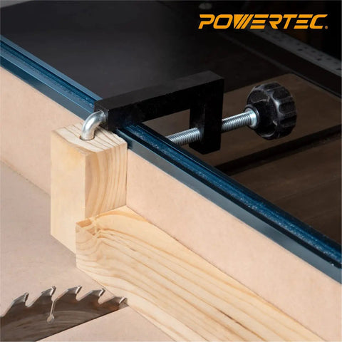 Heavy Duty 40 Piece Universal Fence Clamps For Woodworking With Durable Steel Threaded Rods securing wooden workpiece on table saw.