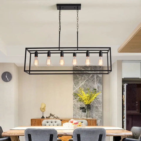 6 Light Rectangle Black Pendant Chandelier With Adjustable Stems above dining table, open bulb design, farmhouse rustic style