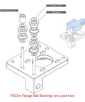 Thinking Process: exploded view of F623 bearing, M3 washer, and 9mm printed spacer on a 3D-printed shaft support