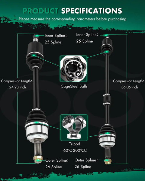 Heavy Duty Front CV Axle Assembly Pair Plug And Play Drop Right In Smooth Shifts Built Tough Drive Shafts For Honda Civic 1 8L L4 2006 Through 2015 Automatic Transmission specs image with spline and length details.