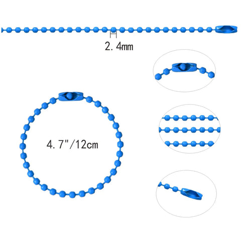 200 Pcs Bulk Ball Bead Chain Keychain Kit 4.7 Inch Metal Dog Tag Chains With Connectors For Hanging Decor And DIY Crafts Iron Material Durable 2.4 Mm Bead Chain, blue