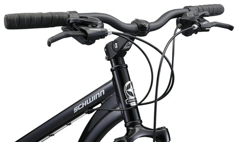 Handlebars and shifters of Discover 2 Hybrid Bike With 700c Wheels And 21 Speed EZ Fire Shifters Lightweight Alloy Frame