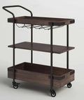 No Sweat Solid Three Tier Industrial Storage Serving Cart With Smooth Rollers, vintage brown wood and metal trolley, 3 shelves.