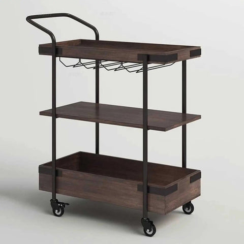 No Sweat Solid Three Tier Industrial Storage Serving Cart With Smooth Rollers, vintage brown wood and metal trolley, 3 shelves.