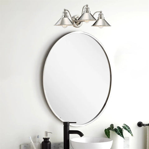 Welton 25.5 Inch Three Light Modern Farmhouse Vanity Light With Funnel Shades Gooseneck Industrial Wall Sconce For Bathroom