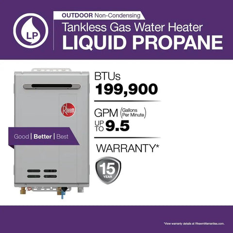 Whole House Liquid Propane Tankless Water Heater For Outdoor Installations With 9.5 Gpm Beefy Flow Rate Delivers 199900 Btus Of Instant Continuous Hot Water No More Cold Showers And Smart Wifi Tech, showcasing specifications.