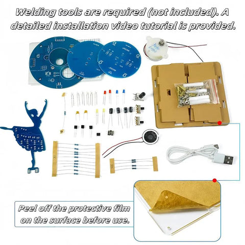 Soldering Practice Kit With DIY Rotating Music Box, acrylic case, RGB LED light show components, and USB cable displayed.