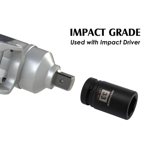 8 Piece 1 Inch Drive Deep Impact Socket Set Pro Grade Built To Last 6 Point Metric Sockets 27mm To 41mm CR MO Steel Deep Sockets For Axle Nuts And Tough Jobs with laser-marked 33mm size, shown with impact driver