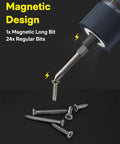 Workhorse Cordless Electric Screwdriver Kit with magnetic hex bit and screws showing 1x magnetic long bit and 24 regular bits