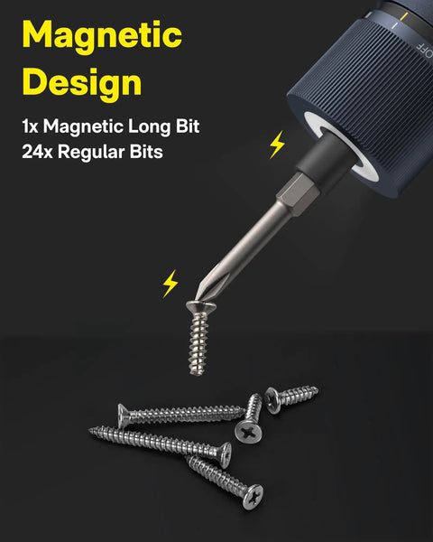 Workhorse Cordless Electric Screwdriver Kit with magnetic hex bit and screws showing 1x magnetic long bit and 24 regular bits