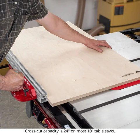 Using Dead On Ninety Degree Miter Gauge Kit For Knockout Square Cuts Every Time with plywood on a table saw.