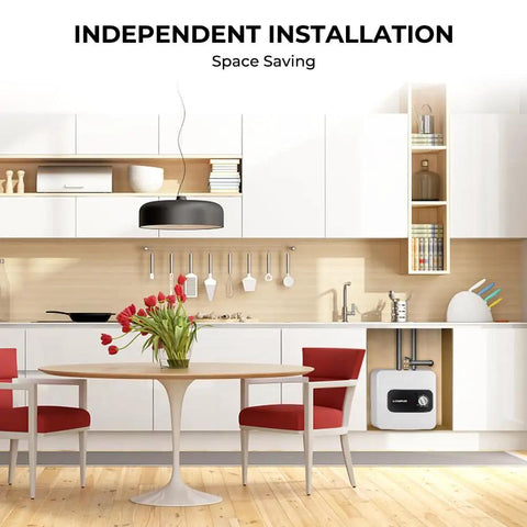 Kitchen showing Compact Electric Water Heater 2.5 Gallon On Demand For Instant Hot Water Plug In Cord 110 To 120V under sink