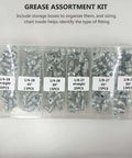 Top Tier 260 Piece Galvanized Iron Zerk Grease Fitting Kit For Auto Repair And Bearing Fixes With Storage Case And Size Chart To Keep Your Ride Running Smooth And Strong Today. 260-piece galvanized iron grease fitting kit in labeled storage case