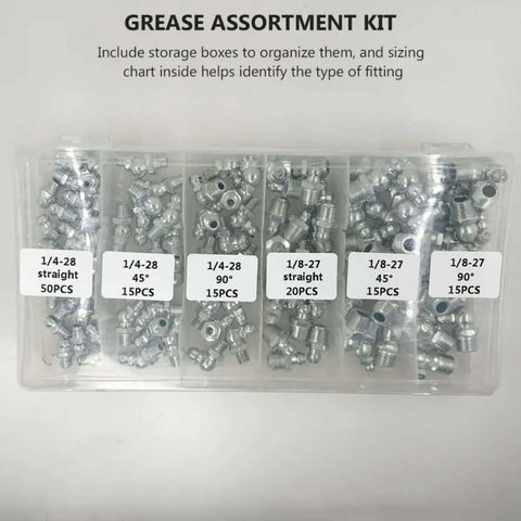 Top Tier 260 Piece Galvanized Iron Zerk Grease Fitting Kit For Auto Repair And Bearing Fixes With Storage Case And Size Chart To Keep Your Ride Running Smooth And Strong Today. 260-piece galvanized iron grease fitting kit in labeled storage case