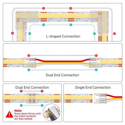 Hassle Free 3 Pin 8mm Cob Cct Led Connector Kit Featuring Dual End Wire And L Shaped Connectors showing L-shaped and Dual End connections.
