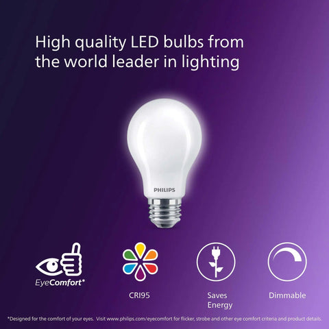 Ultra Definition Daylight LED A19 Bulbs 60W Equivalent 800 Lumen 4 Pack Dimmable Frosted Flicker Free 5000K Eye Comfort Lighting True Colors CRI 95 Rating on purple background