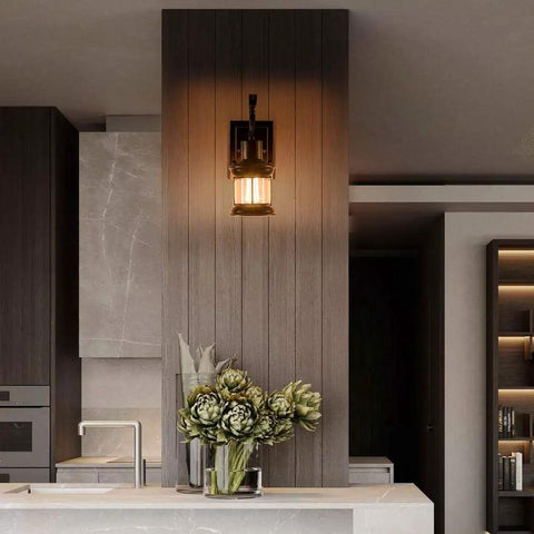 Vintage Glass Wall Sconce 2 Pack Rustic Nordic Style Wall Lights Retro Black Painted Finish installed in modern kitchen