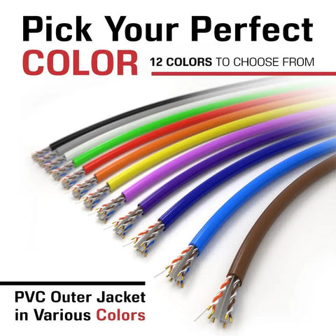 Cat6 Ethernet Cable 1000ft Bulk White, High Speed 550MHz UTP Cable, 23AWG CCA Conductors, Solid Core shown in multiple colors