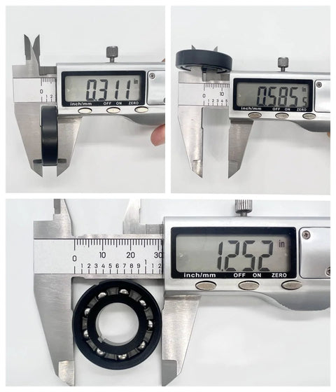 DUODUO AXV055P pool cleaner main turbine bearing replacement; black rubber bearing with metal balls, calipers show about 1.25 in outer diameter.