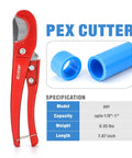 Angle PEX Crimping Tool Kit For One Half Inch And Three Quarter Inch PEX Rings With Go No Go Gauge And PEX Pipe Cutter Includes Copper Rings Fits US F1807 Standards Pro Grade PEX Plumbing Set showing red PEX cutter and blue PEX pipe with specifications.