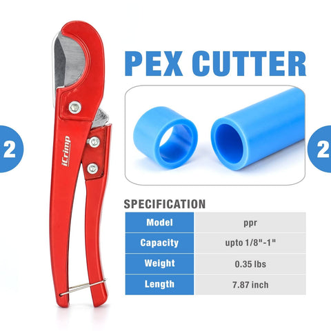 Angle PEX Crimping Tool Kit For One Half Inch And Three Quarter Inch PEX Rings With Go No Go Gauge And PEX Pipe Cutter Includes Copper Rings Fits US F1807 Standards Pro Grade PEX Plumbing Set showing red PEX cutter and blue PEX pipe with specifications.