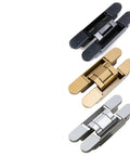 Three Folding Cross Door Hinge Invisible Stainless Steel Hardware Heavy Duty 180 Degree Concealed Three Dimensional Black Hinge, gold, and silver