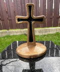 Black Granite Memorial Lantern Candle Holder for Tombstone and Graveside Cemetery Decor featuring bronze cross on the base
