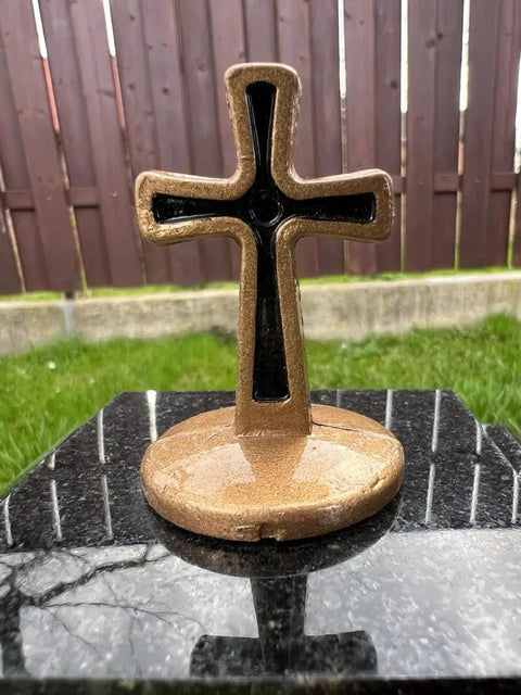 Black Granite Memorial Lantern Candle Holder for Tombstone and Graveside Cemetery Decor featuring bronze cross on the base