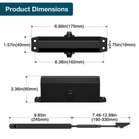Automatic Door Closer For Home And Light Commercial Use, Adjustable Closing Speed For 88-143 Lbs Doors, dimensions shown