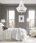 Wood Bead Chandelier Light Fixture In White Finish Farmhouse Bohemian 4 Light Empire Pendant in elegant bedroom decor