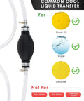Diagram showing Gas Siphon Hose and Transfer Pump Kit use for diesel, water, gasoline, with PVC hoses and backflow stop valve.