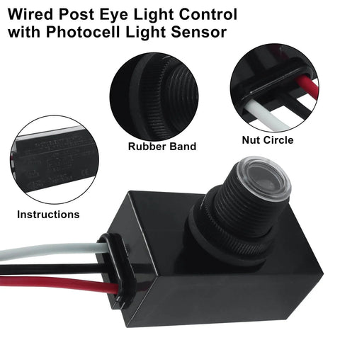Wired post eye light control featuring dusk to dawn outdoor lighting sensor with photocell and wire caps.