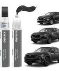 Mazda Jet Black Mica 41W Touch Up Paint 2 In 1 Scratch Repair Kit With Pen Tip And Brush Color Matched next to three black SUVs.