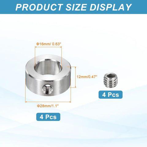 Product Size Display of Stainless Steel Shaft Collar Set, 4 Pack, 16mm Inner Diameter, 28mm Outer Diameter, 12mm Thick, Single Hole Bore.