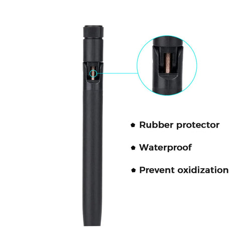 Close-up of Bluetooth And WiFi Antenna SMA Male 2.4GHz 6dBi Booster showing rubber protector and waterproof feature.